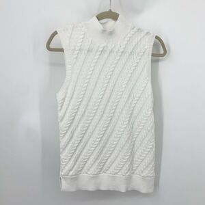Talbots Women Size Large Petite LP Sweater Tank Top Mock Neck White Cable Knit